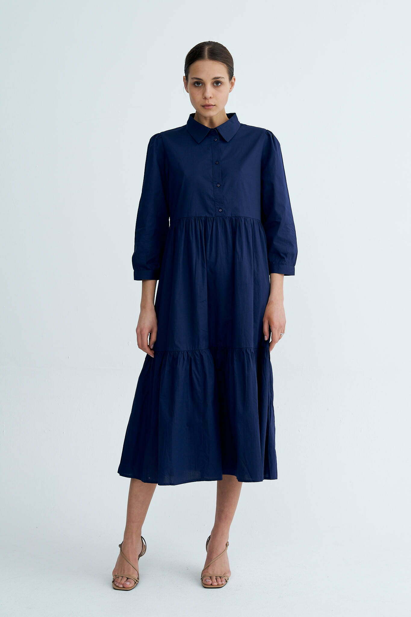 Navy Chiara Tiered Cotton Midi Dress