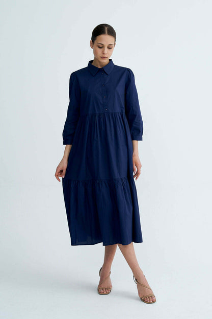 Navy Chiara Tiered Cotton Midi Dress