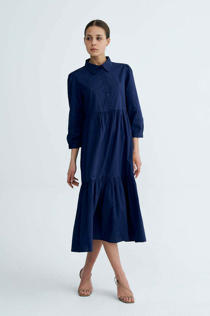 Navy Chiara Tiered Cotton Midi Dress