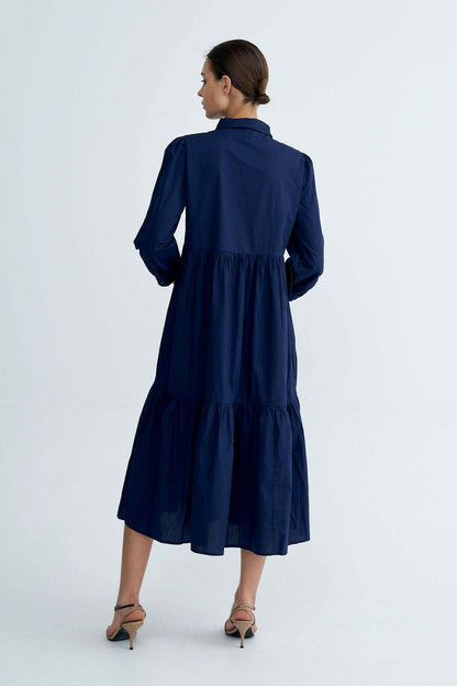 Navy Chiara Tiered Cotton Midi Dress