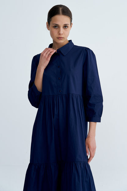 Navy Chiara Tiered Cotton Midi Dress