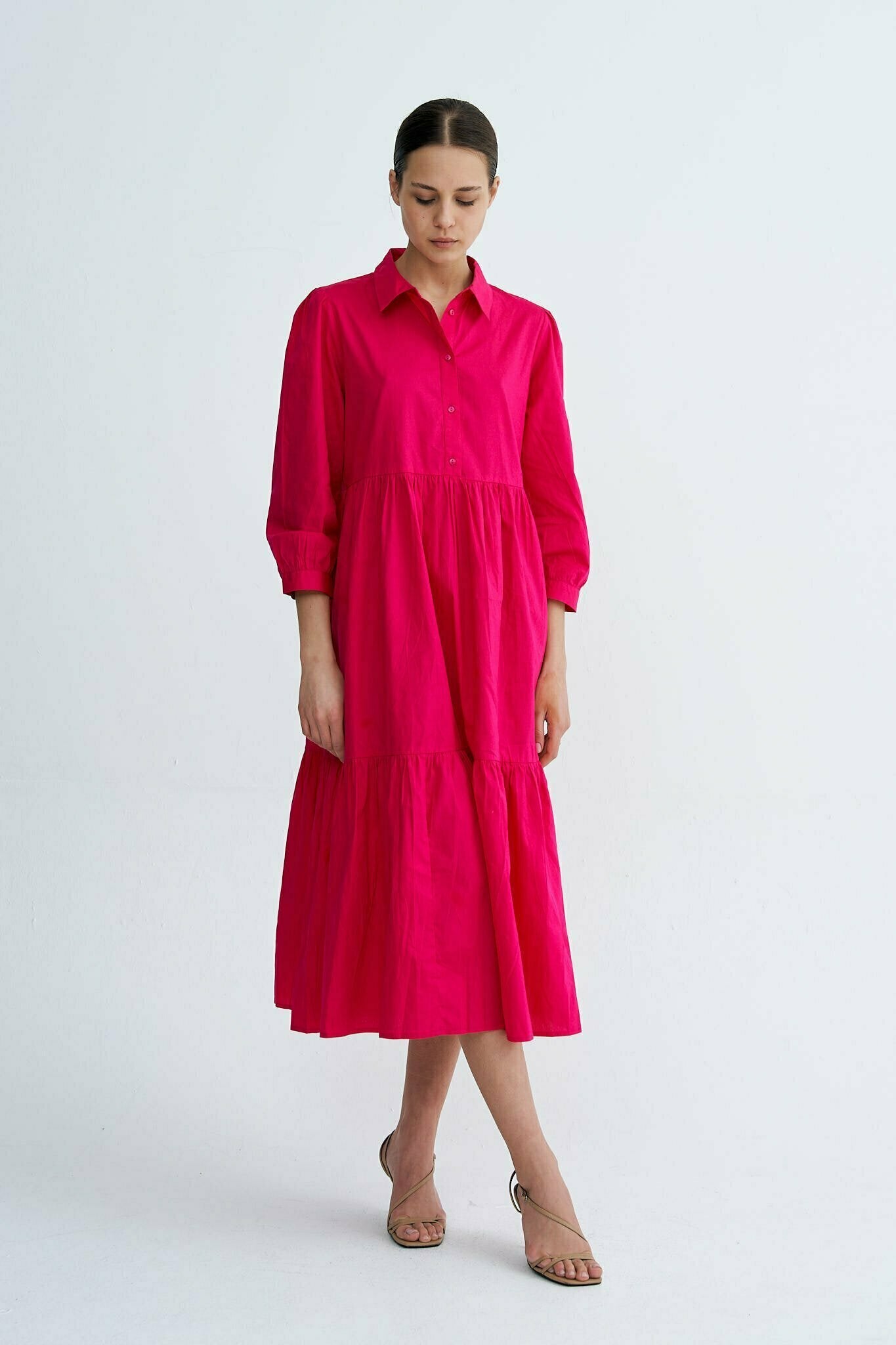 Fuchsia Chiara Tiered Cotton Midi Dress
