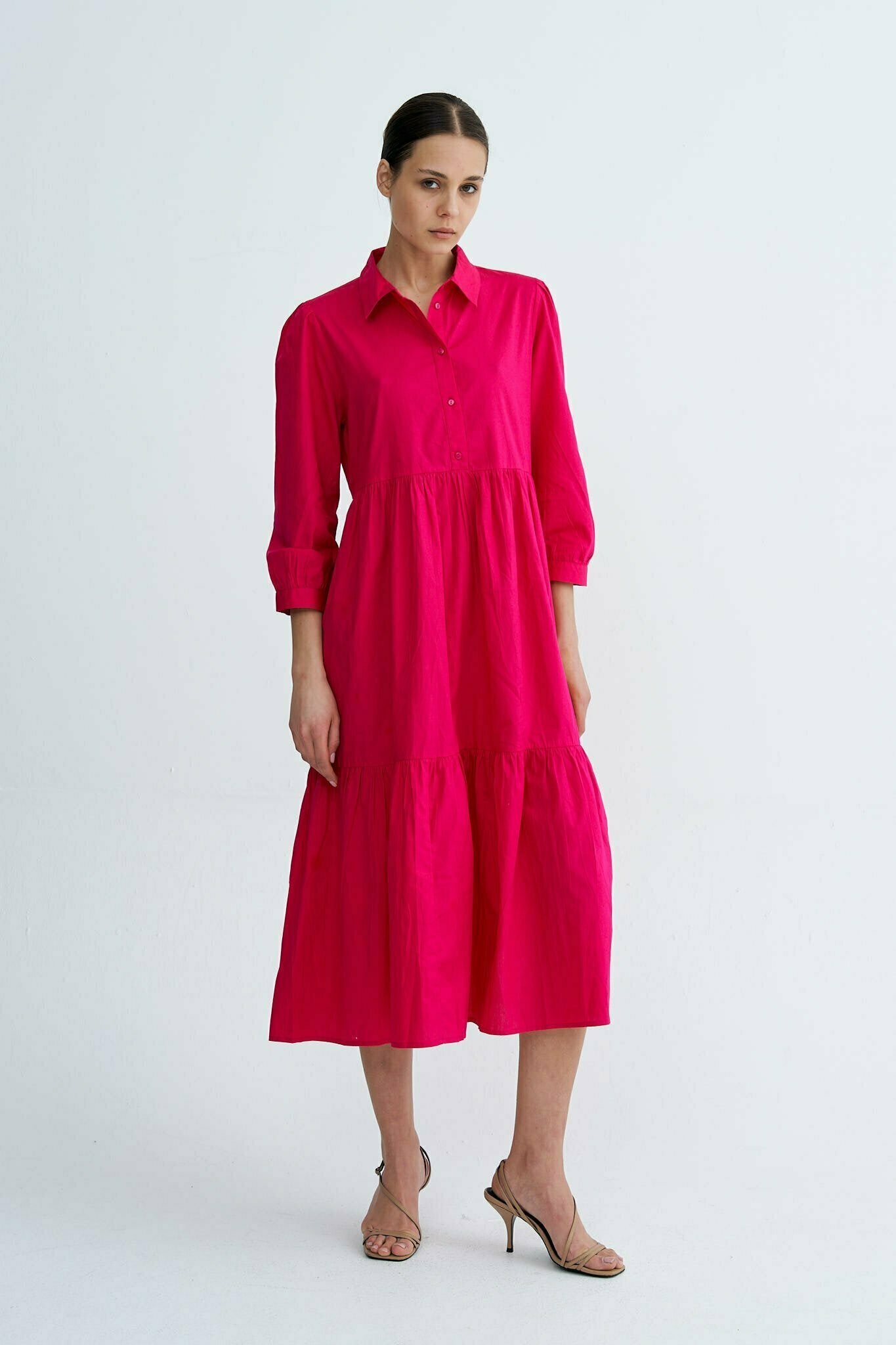 Fuchsia Chiara Tiered Cotton Midi Dress
