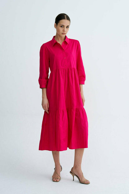 Fuchsia Chiara Tiered Cotton Midi Dress