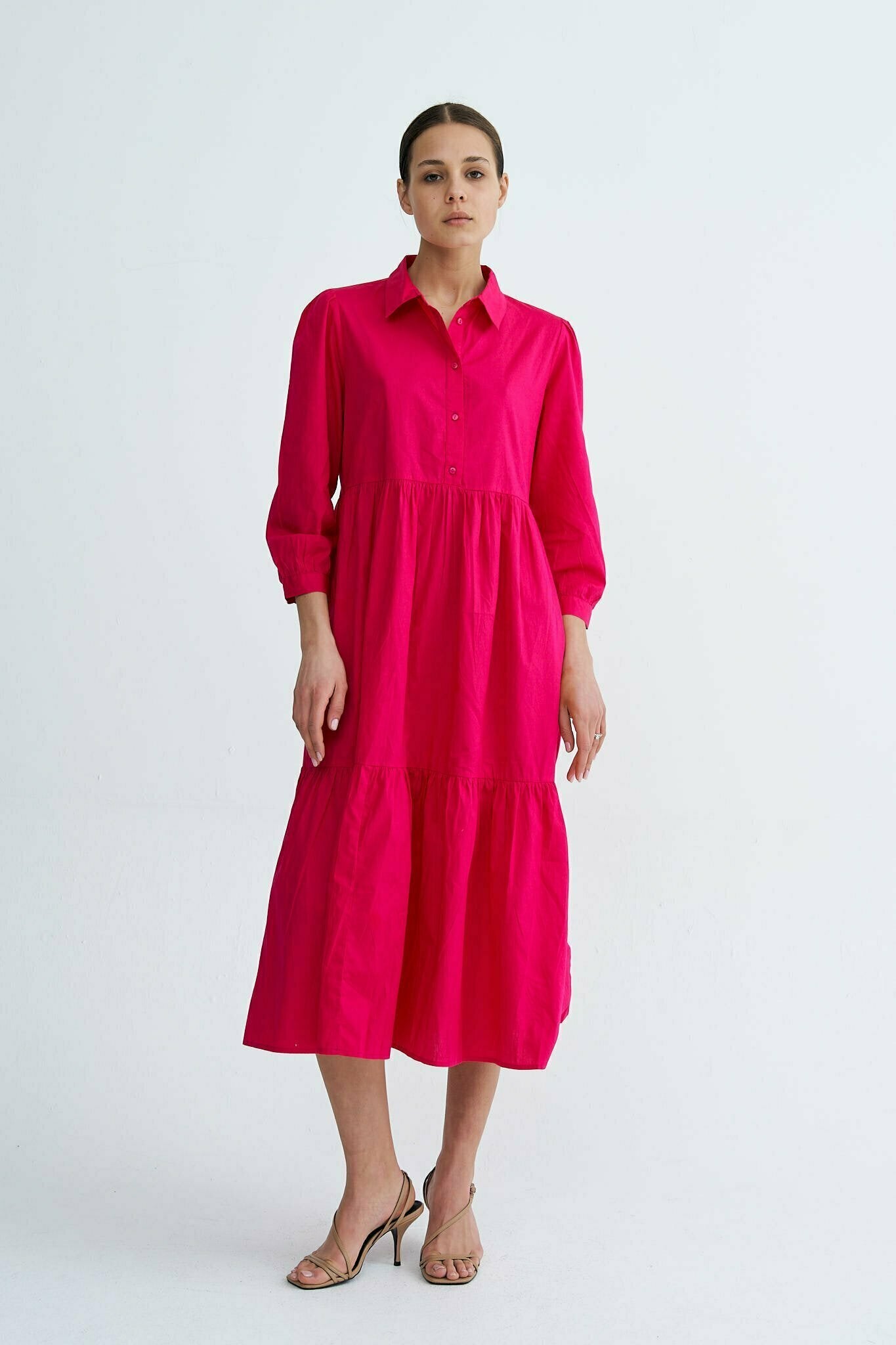 Fuchsia Chiara Tiered Cotton Midi Dress