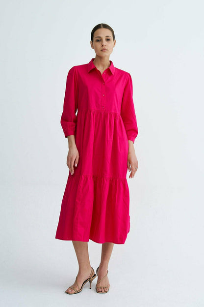 Fuchsia Chiara Tiered Cotton Midi Dress