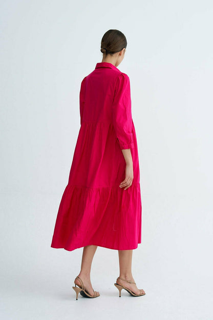Fuchsia Chiara Tiered Cotton Midi Dress