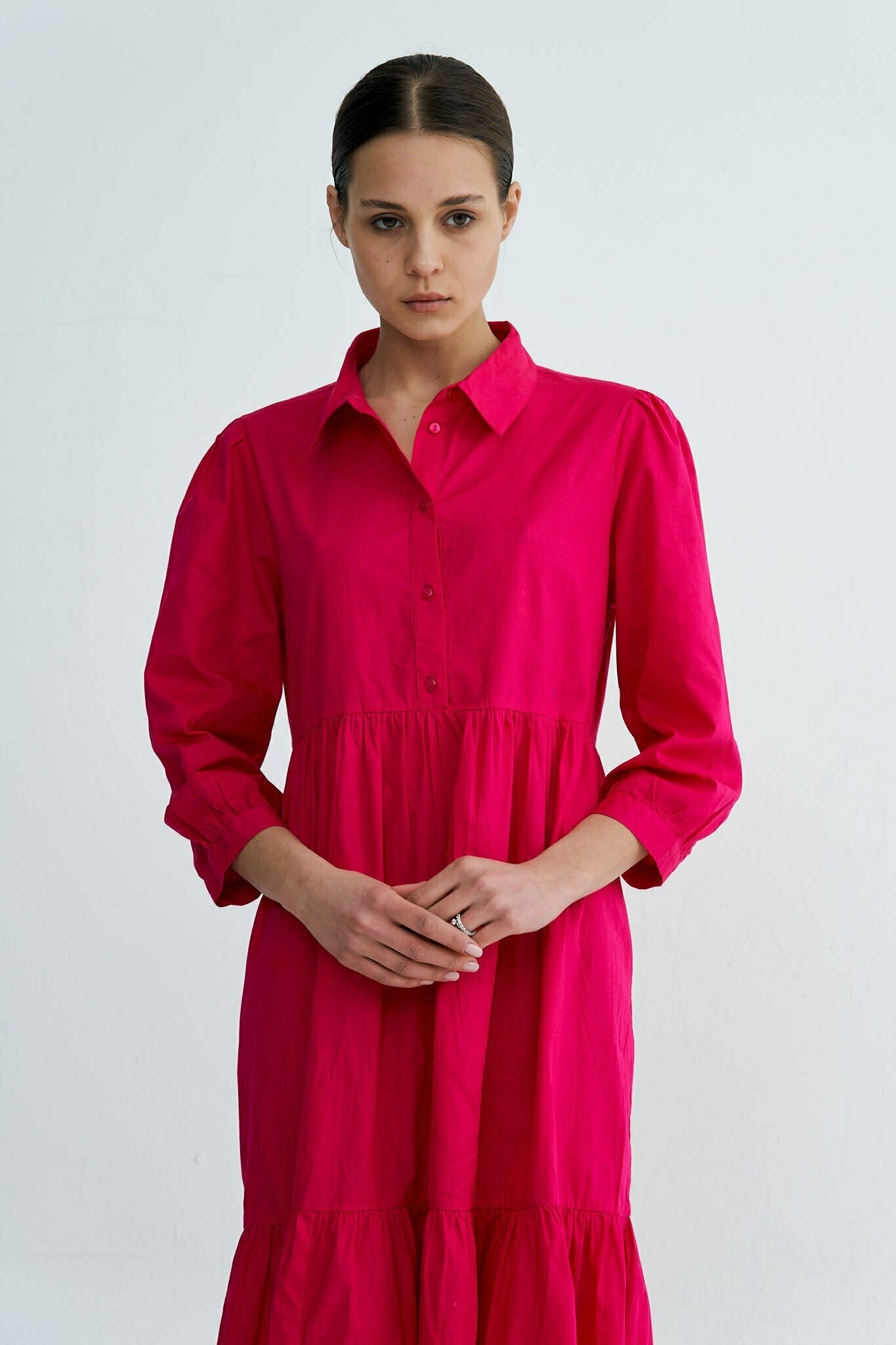 Fuchsia Chiara Tiered Cotton Midi Dress