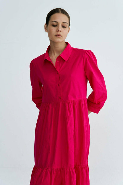 Fuchsia Chiara Tiered Cotton Midi Dress