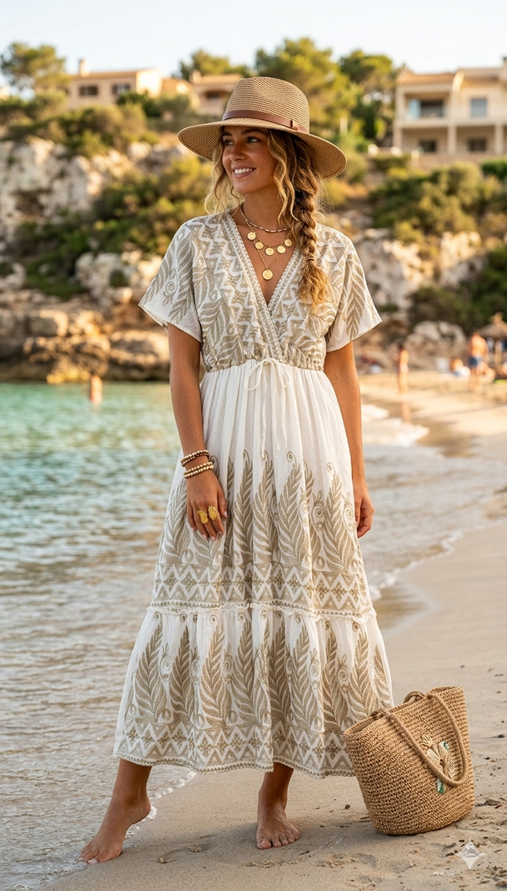 Gold Feather Embroidered Maxi Dress with Pockets - Lucindas on-line