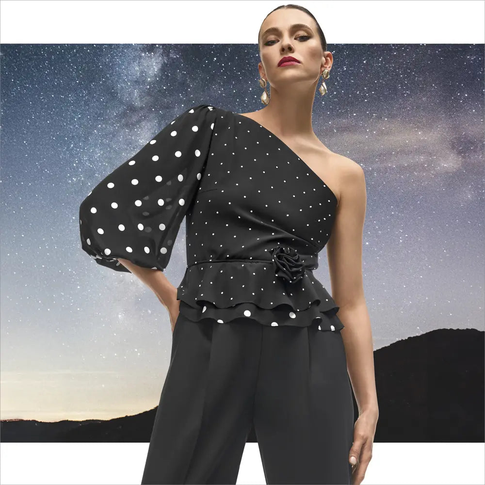 Marc Cain One-shoulder Polka Dot Blouse