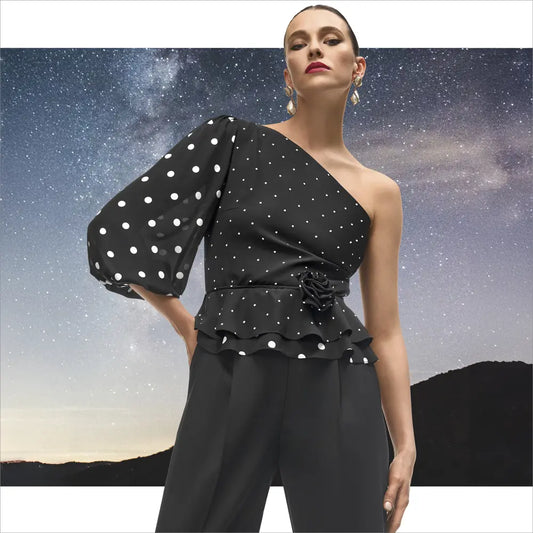 Marc Cain One-shoulder Polka Dot Blouse