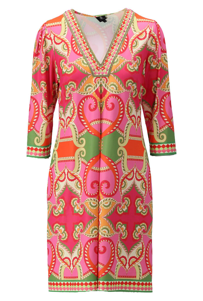Vibrant Printed Dress with Decorative V-Neckline A400