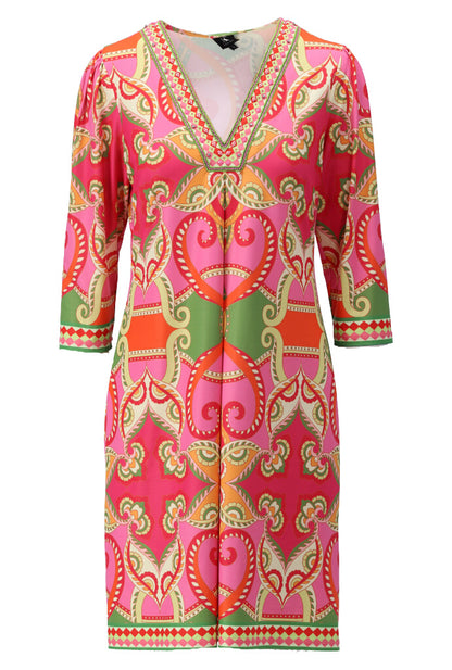 Vibrant Printed Dress with Decorative V-Neckline A400
