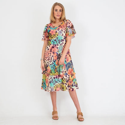 Floral Animal Pure Silk Tiered Dress 4942