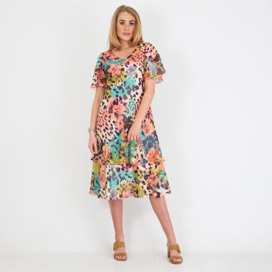 Floral Animal Pure Silk Tiered Dress 4942