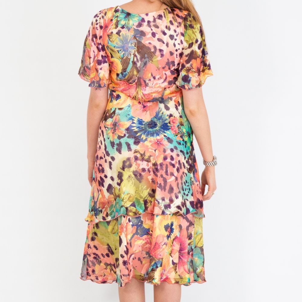 Floral Animal Pure Silk Tiered Dress 4942