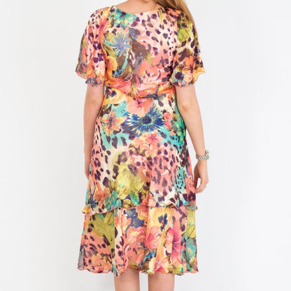 Floral Animal Pure Silk Tiered Dress 4942
