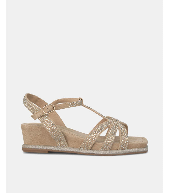 Suede Rhinestone-Encrusted Wedge Sandals
