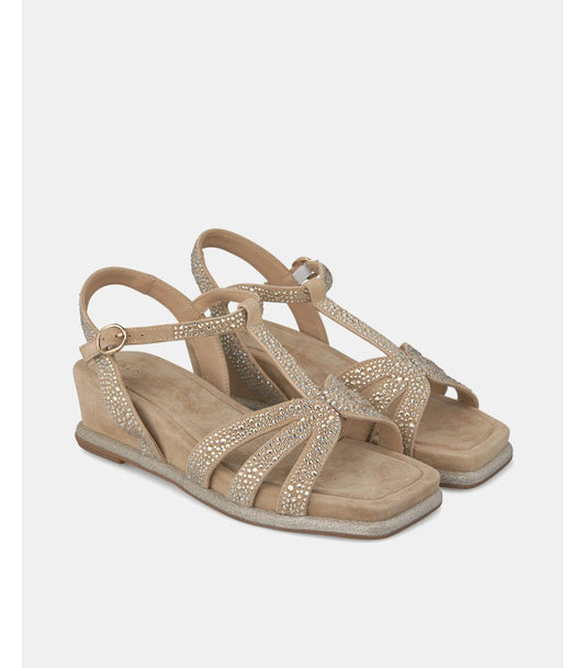 Suede Rhinestone-Encrusted Wedge Sandals