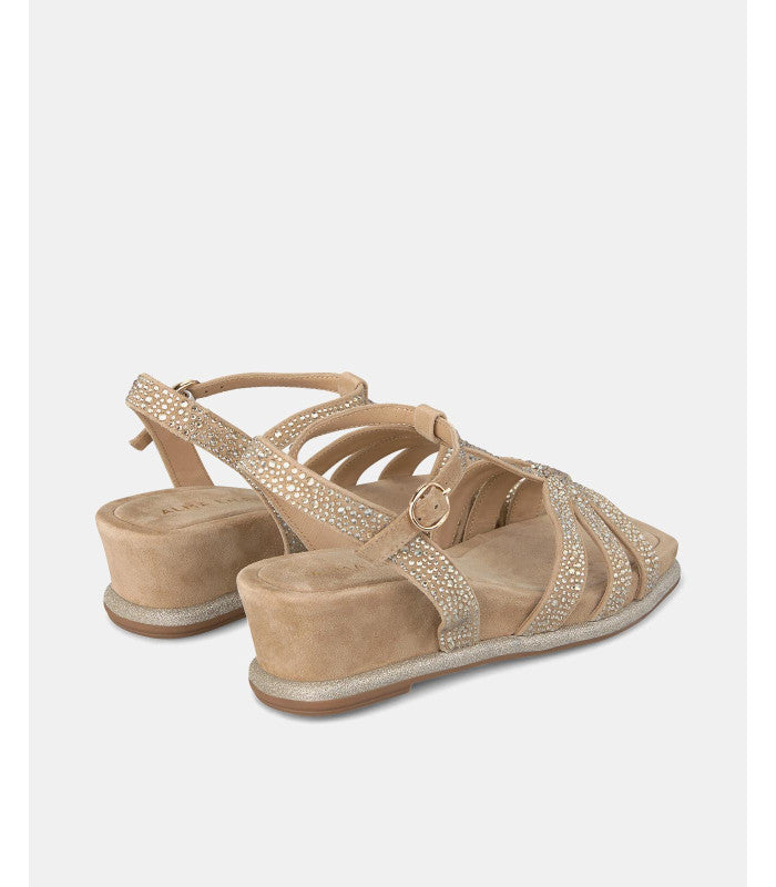 Suede Rhinestone-Encrusted Wedge Sandals