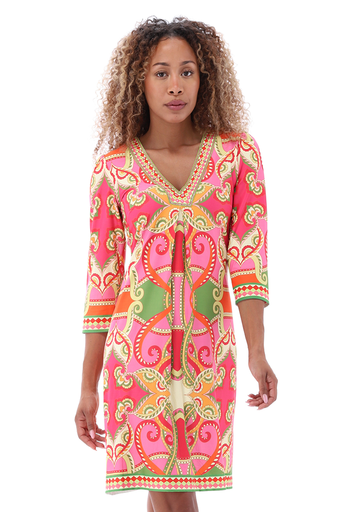 Vibrant Printed Dress with Decorative V-Neckline A400