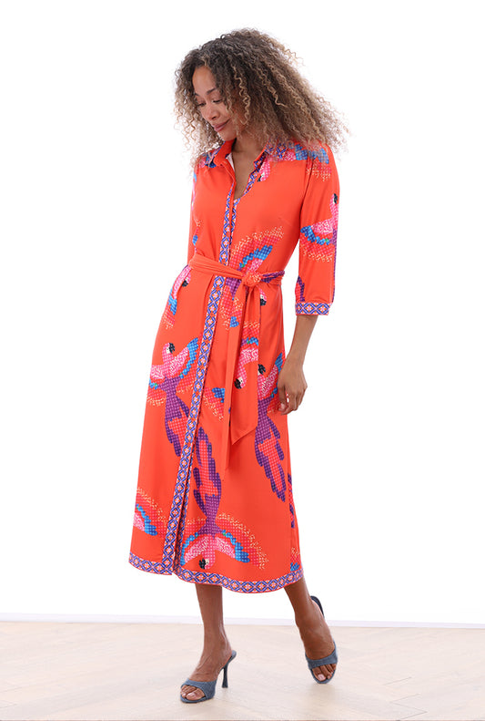 K-Design Coral Bird Print Midi Dress