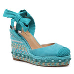 Load image into Gallery viewer, Turquoise suede sandal with raffia jewel wrap v23430
