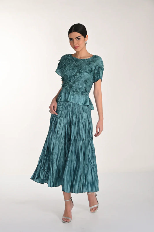 Frank Lyman Crinkle Teal Top & Skirt Set