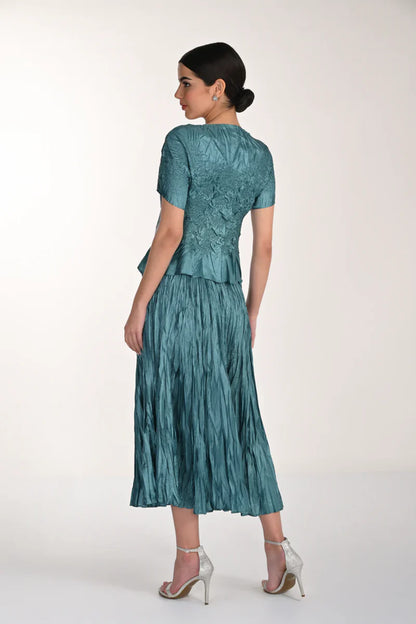 Frank Lyman Crinkle Teal Top & Skirt Set