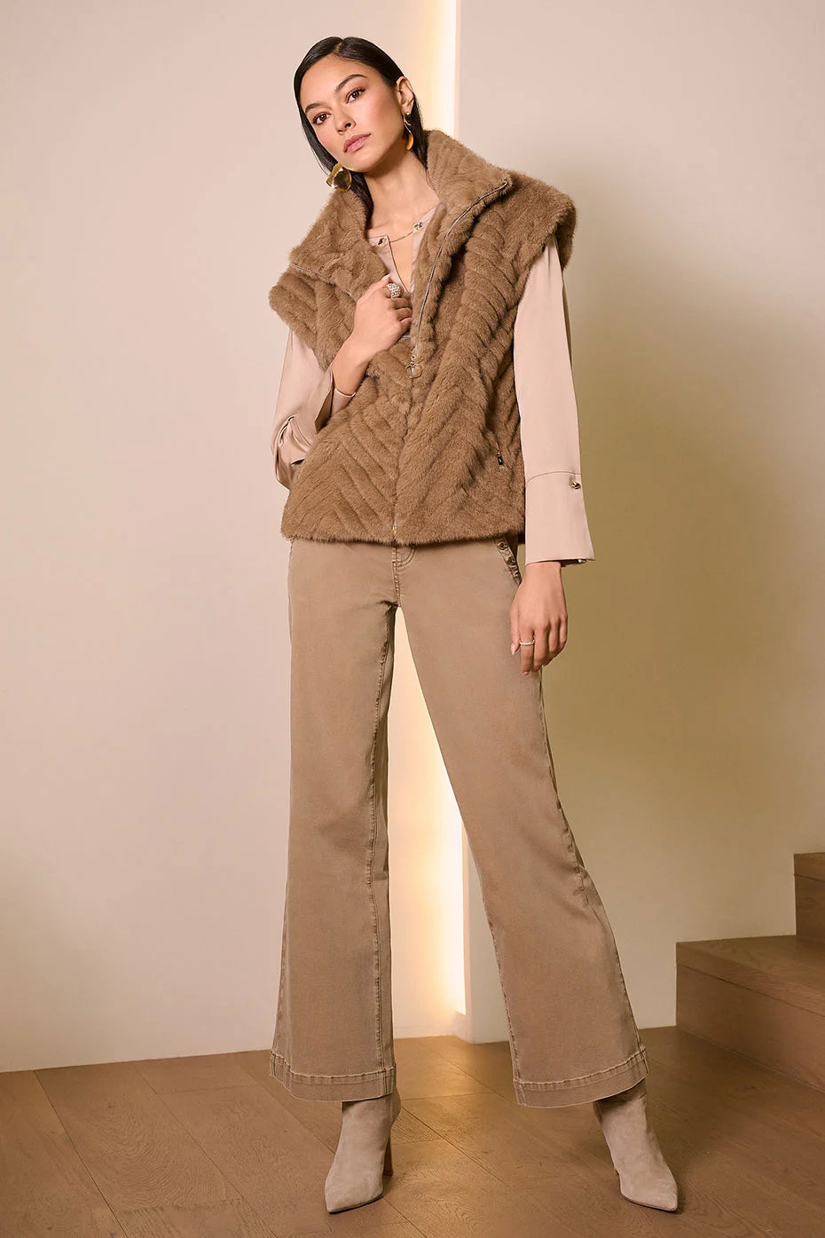 Chevron Faux Fur Mock Neck Gilet