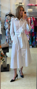 White Shirtwaist Cotton Midi  Dress 47560
