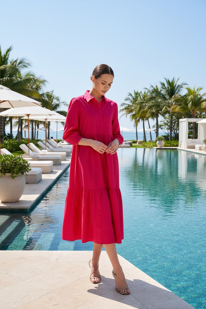 Fuchsia Chiara Tiered 100% Cotton Midi Dress - Lucindas on-line
