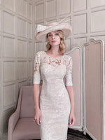 Load image into Gallery viewer, Champagne Stretch Jacquard Dress with Lace 26428B
