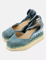 Load image into Gallery viewer, Sage suede sandal with wrap style and diamantes
