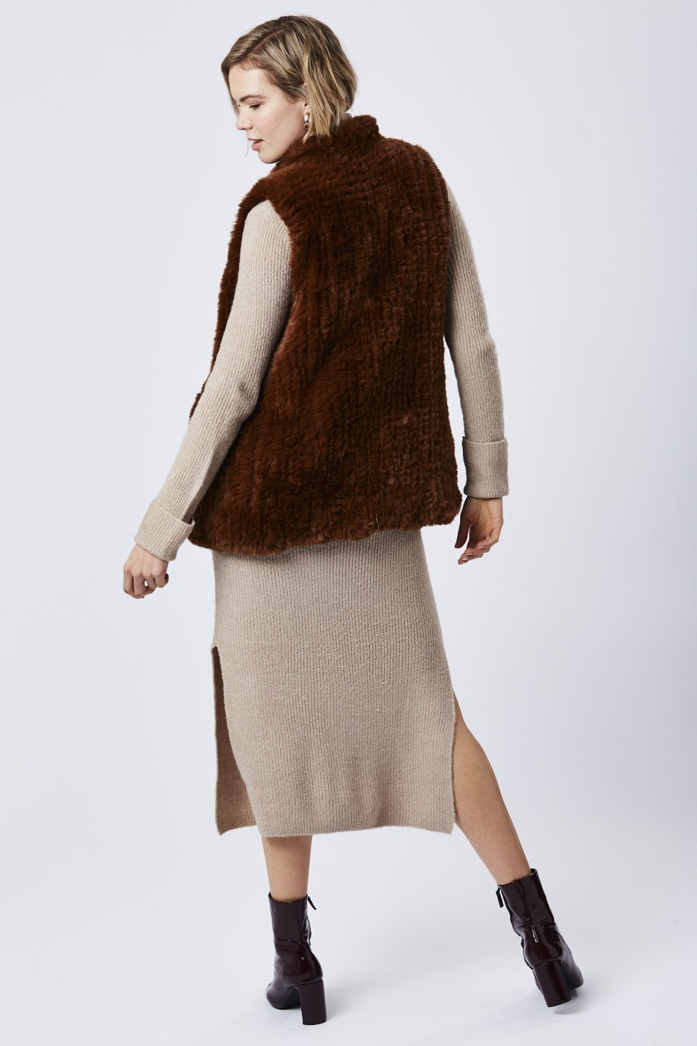 Chocolate Brown Hand-Knitted Fur Gilet