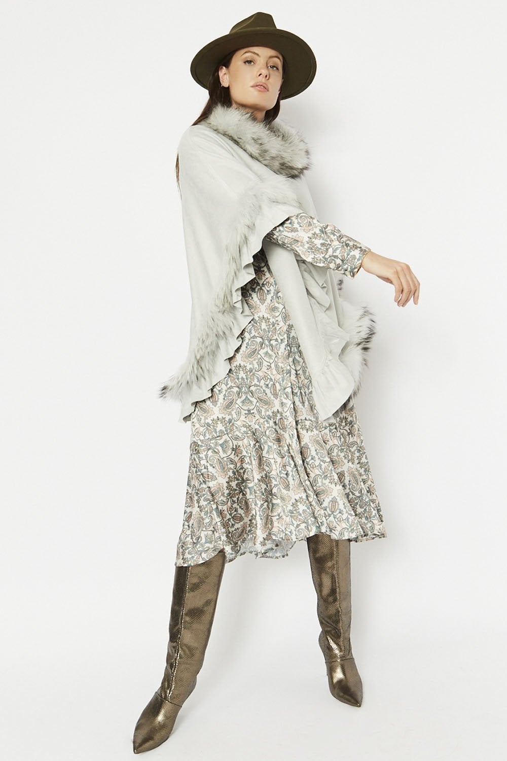 Faux Suede & Faux Fur Trim Poncho
