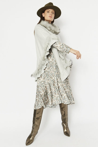 Faux Suede & Faux Fur Trim Poncho