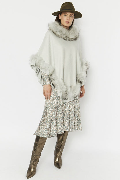 Faux Suede & Faux Fur Trim Poncho