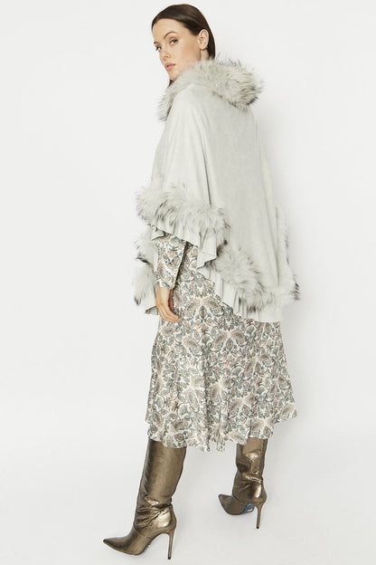 Faux Suede & Faux Fur Trim Poncho