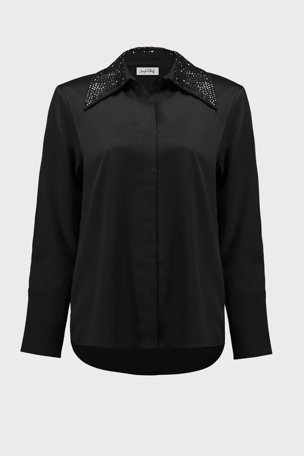 Button Front Blouse with Embellished Collar