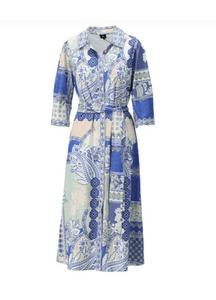Blue Paisley Printed Midi Dress with Belt Y254