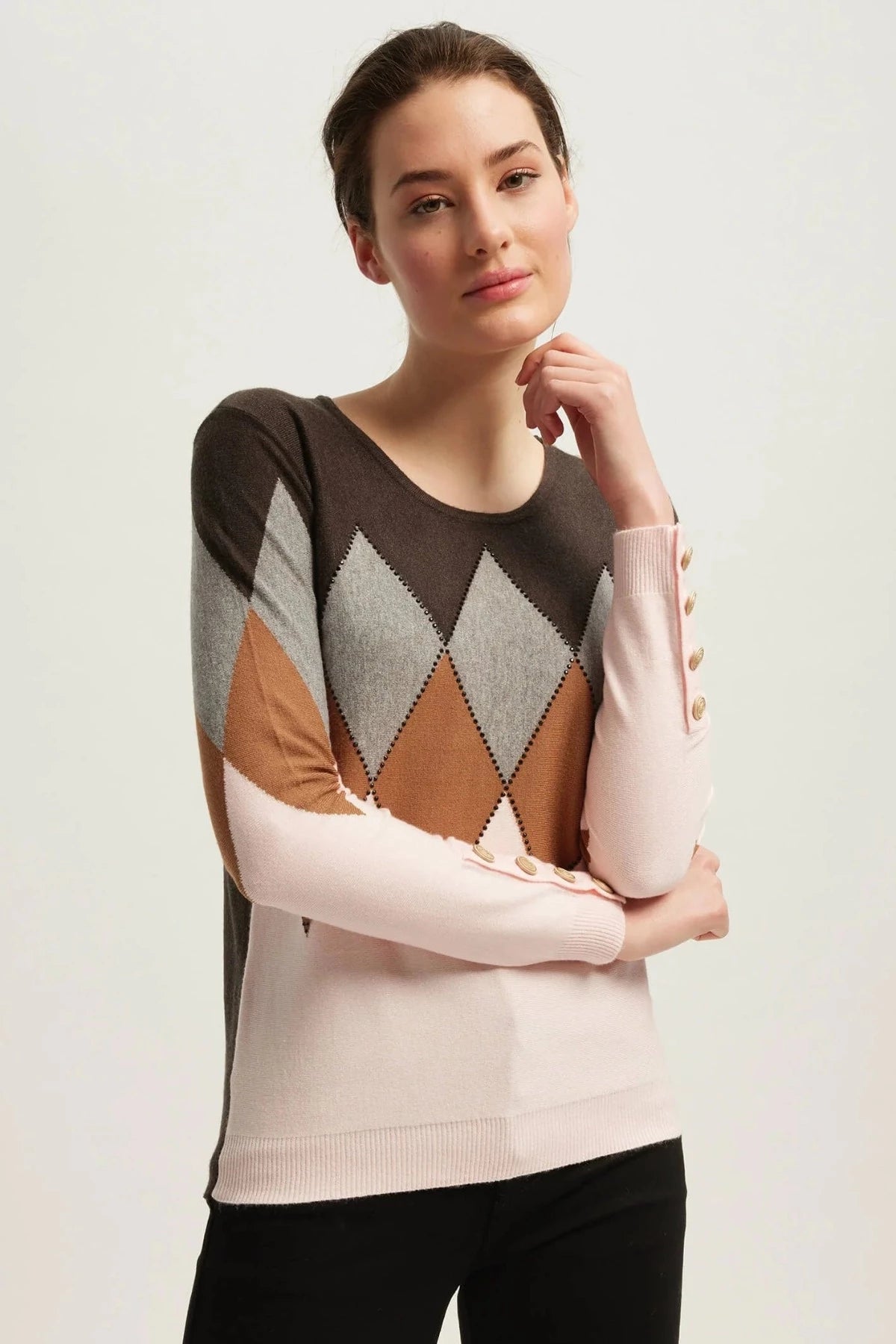 Brown Pink Diamond Knit Jumper with Stones AW379