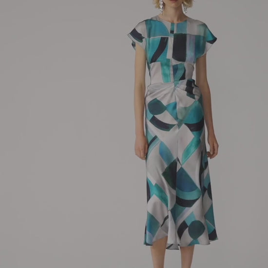 Textured Satin Geometric Print Fit and Flare Dress