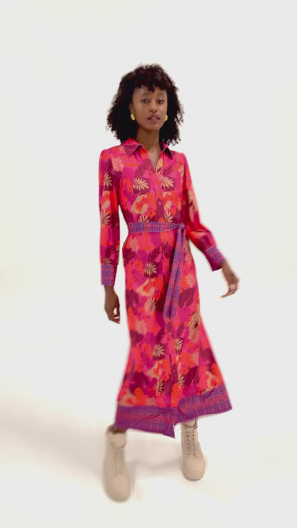 Vibrant Leaf Print Maxi Dress with Belt Z300
