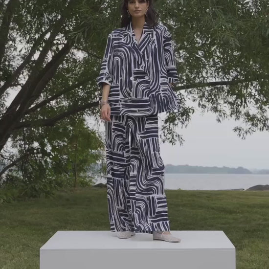Joseph Ribkoff Seersucker Abstract Print Wide Leg Pull-On Trousers