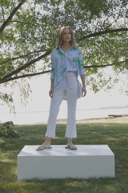 Cotton Stripe Floral Print Boxy Blouse