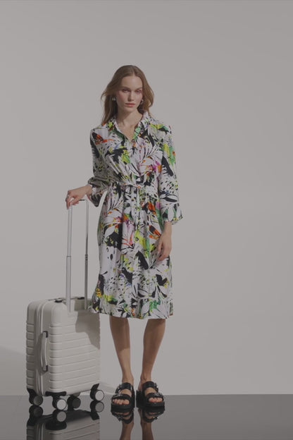 Crinkled Woven Tropical Print Shirt Dress