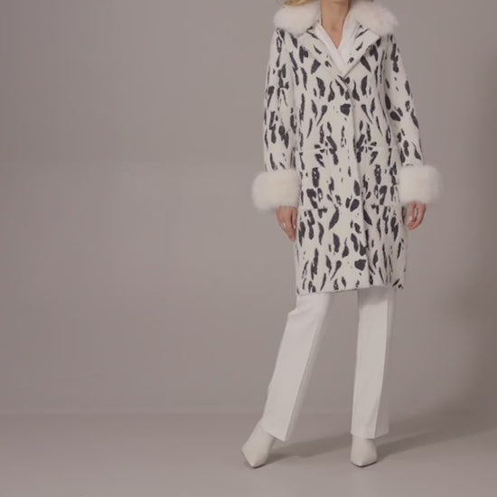 Feather Yarn Animal Jacquard Coat with Faux Fur Trim