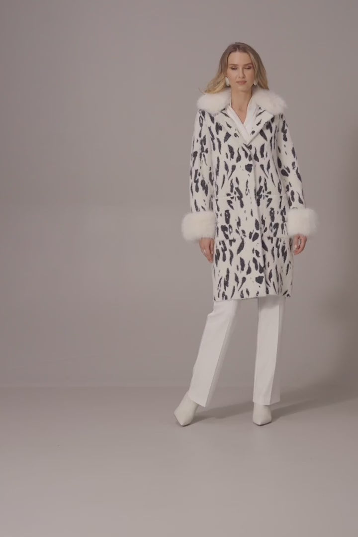 Feather Yarn Animal Jacquard Coat with Faux Fur Trim